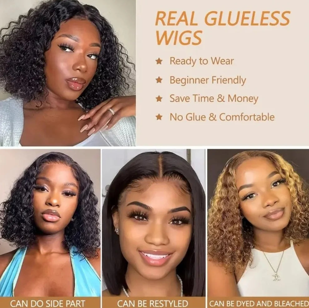 10 Inch Brazilian Deep Wave Curly Bob Wig 4x4 Glueless Lace Closure